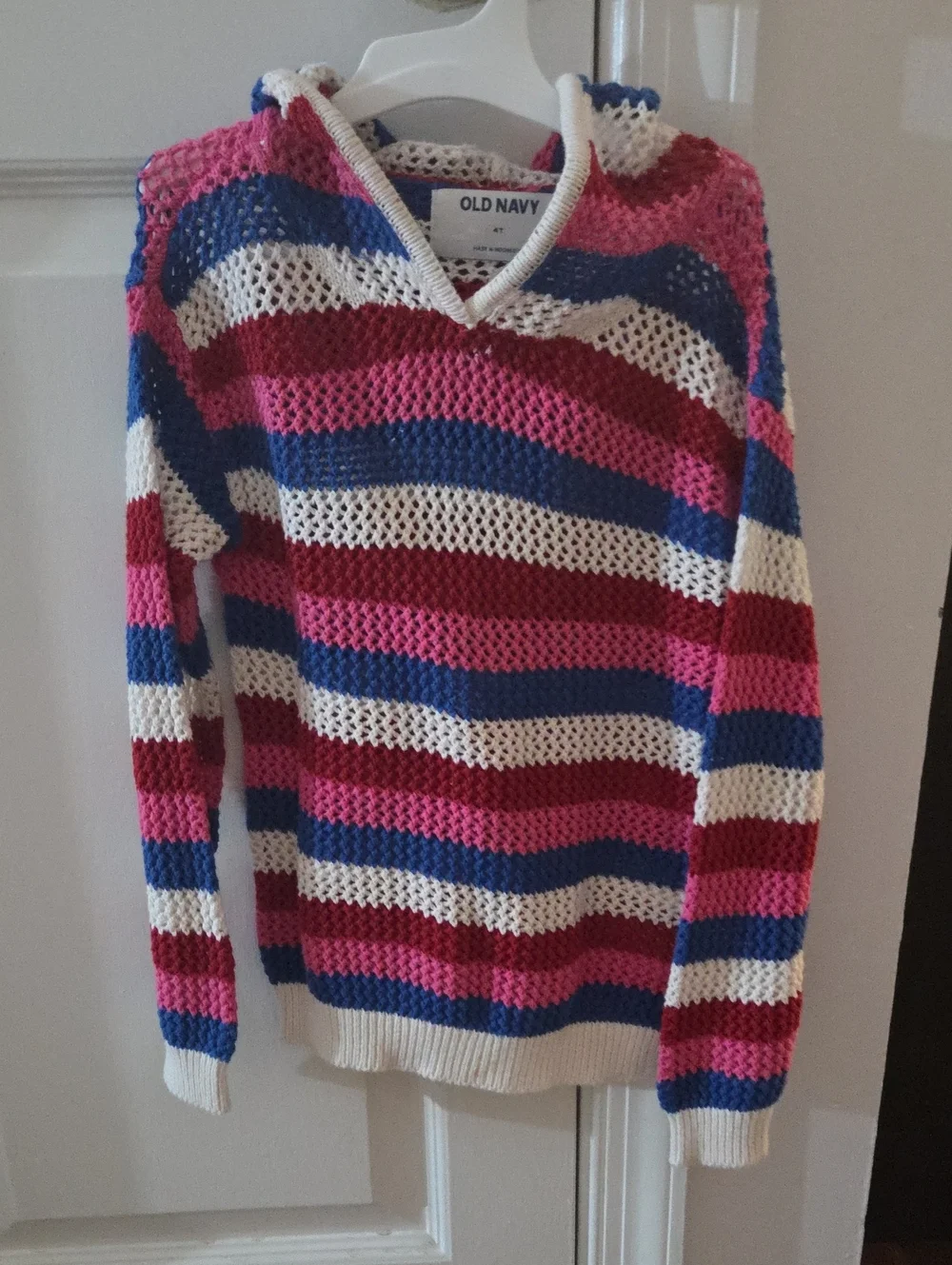 Old Navy Pink, Blue & White Striped Knit V-Neck Hoodie Sweater